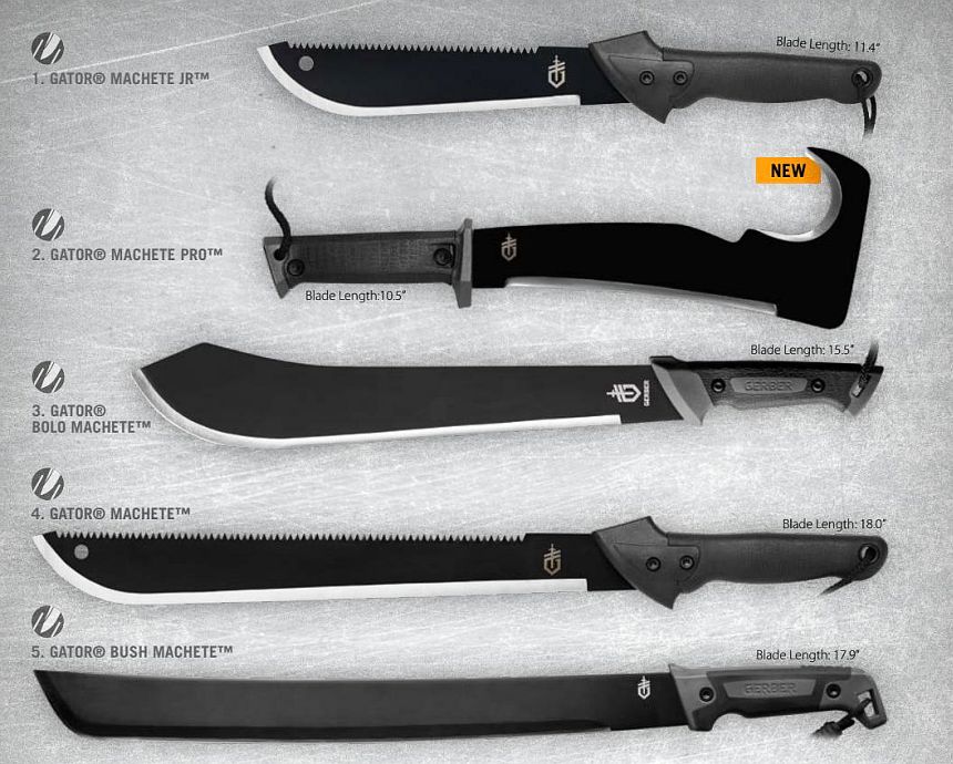 Un aperçu des différents types de machettes proposés par Gerber (le Gator Bush examiné ici est le dernier en bas)